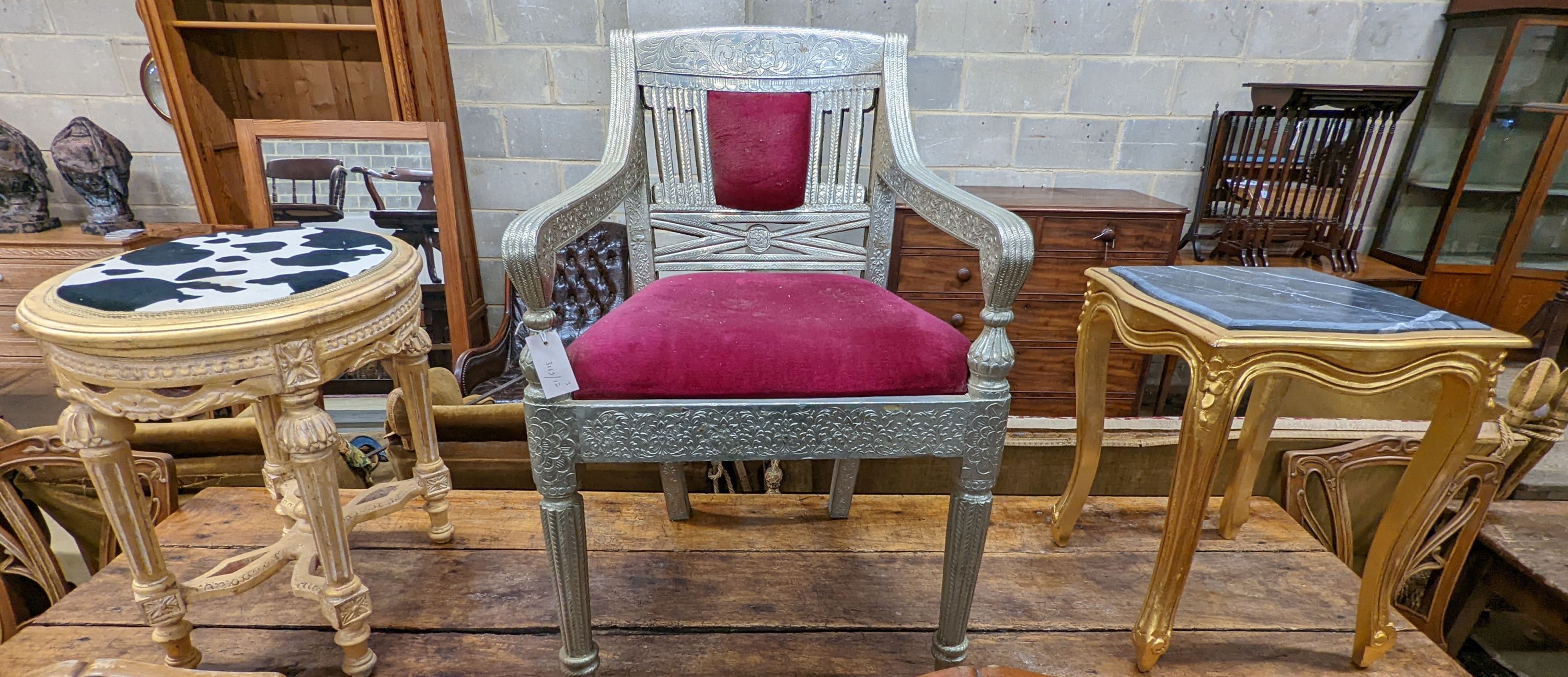 An oval gilt stool with faux zebra top, elbow chair and marble top occasional table. Chair height - 83cm.